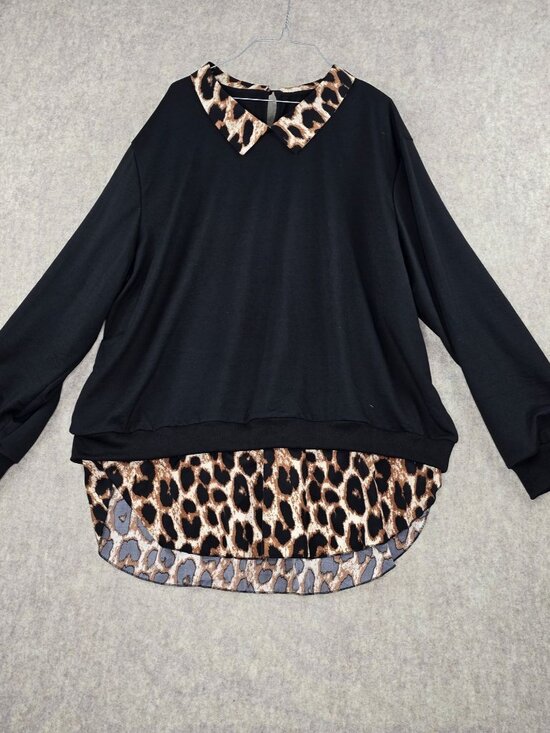 No visible brand Tops - Black Long Sleeve Top With Leopard Print Collar & Hem Women’s 5XL Polyester Casu